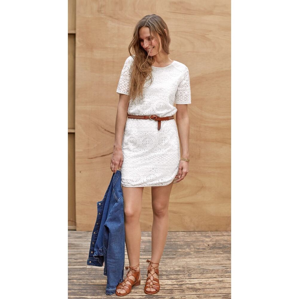 Sezane Lace Shift Dress Women's Size 40 White Crochet Short Sleeves Nylon